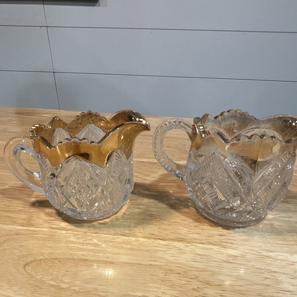 Vintage Pressed Clear Glass Creamer & Sugar Set, Gold Trim/Gilt Rim